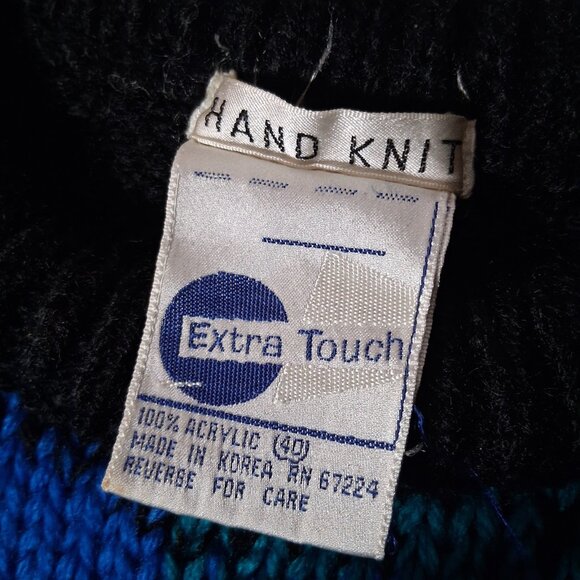 Vintage Extra Touch Hand Knit Sweater Women Size 40 Blue Black Plaid Striped - Picture 6 of 14